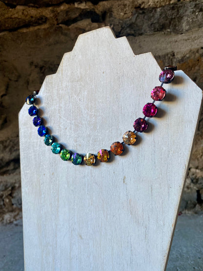 15" Multi-coloured Crystal Stud Necklace with Matte Black Plating
