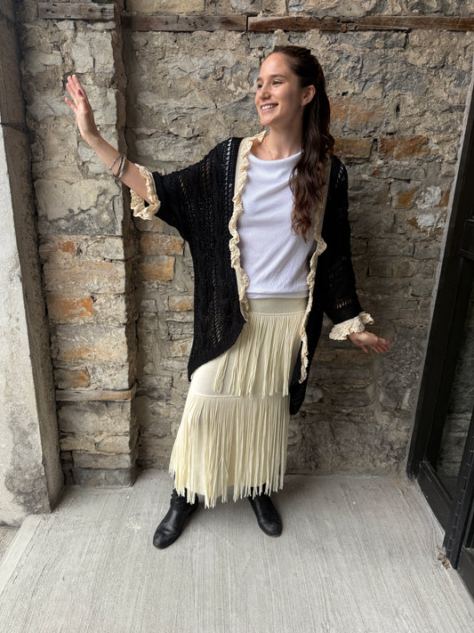Cotton Black Knit Open Front Cardigan with Beige Crochet Trim - Black and Beige