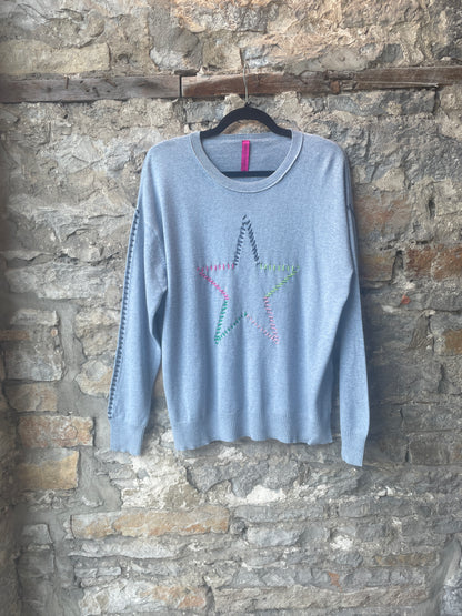 Cotton Crew Neck Light Blue Denim with Colourful Stitch Star