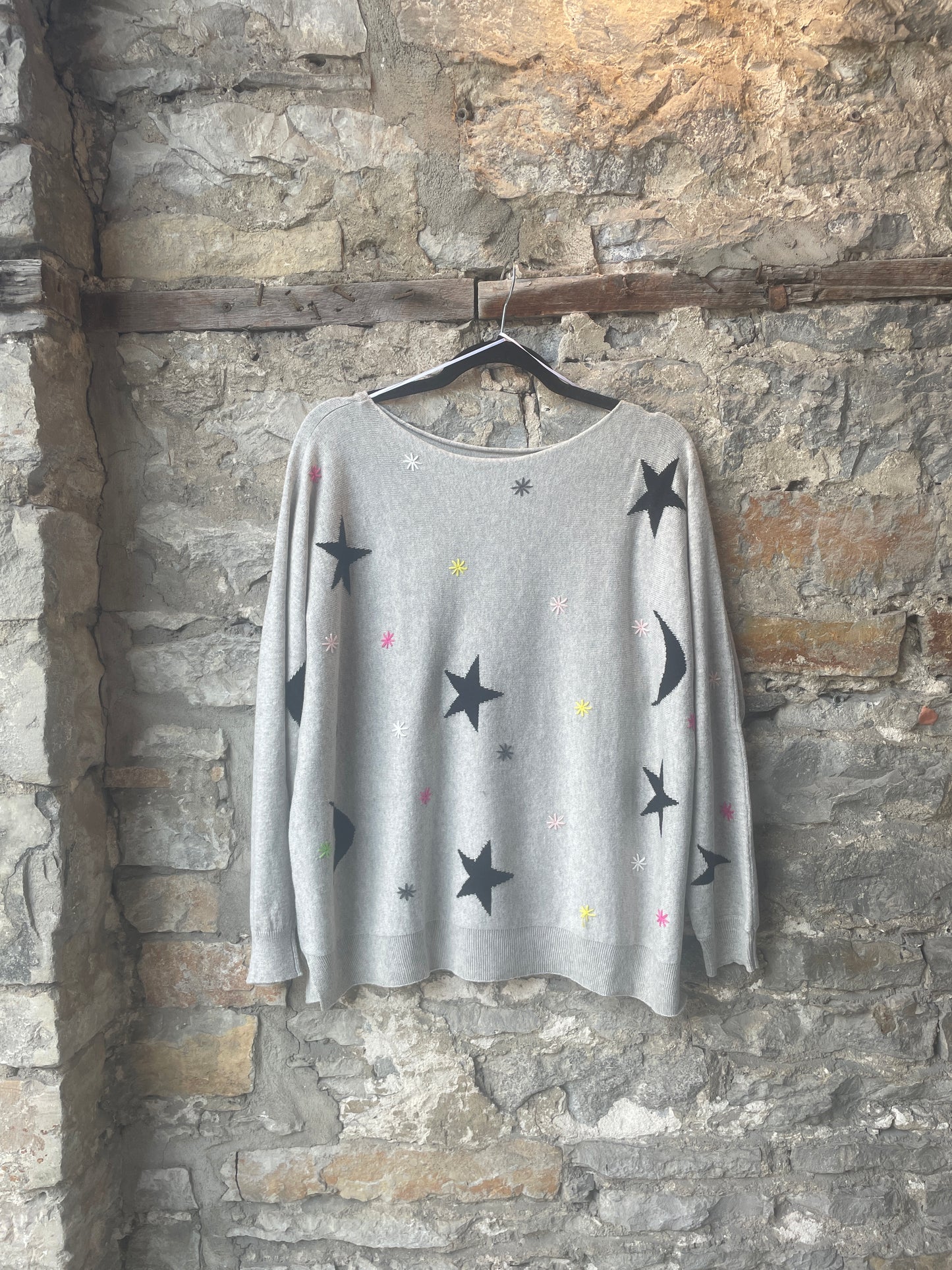 Cotton Knit Crew Neck with Star Moon detail - Grey