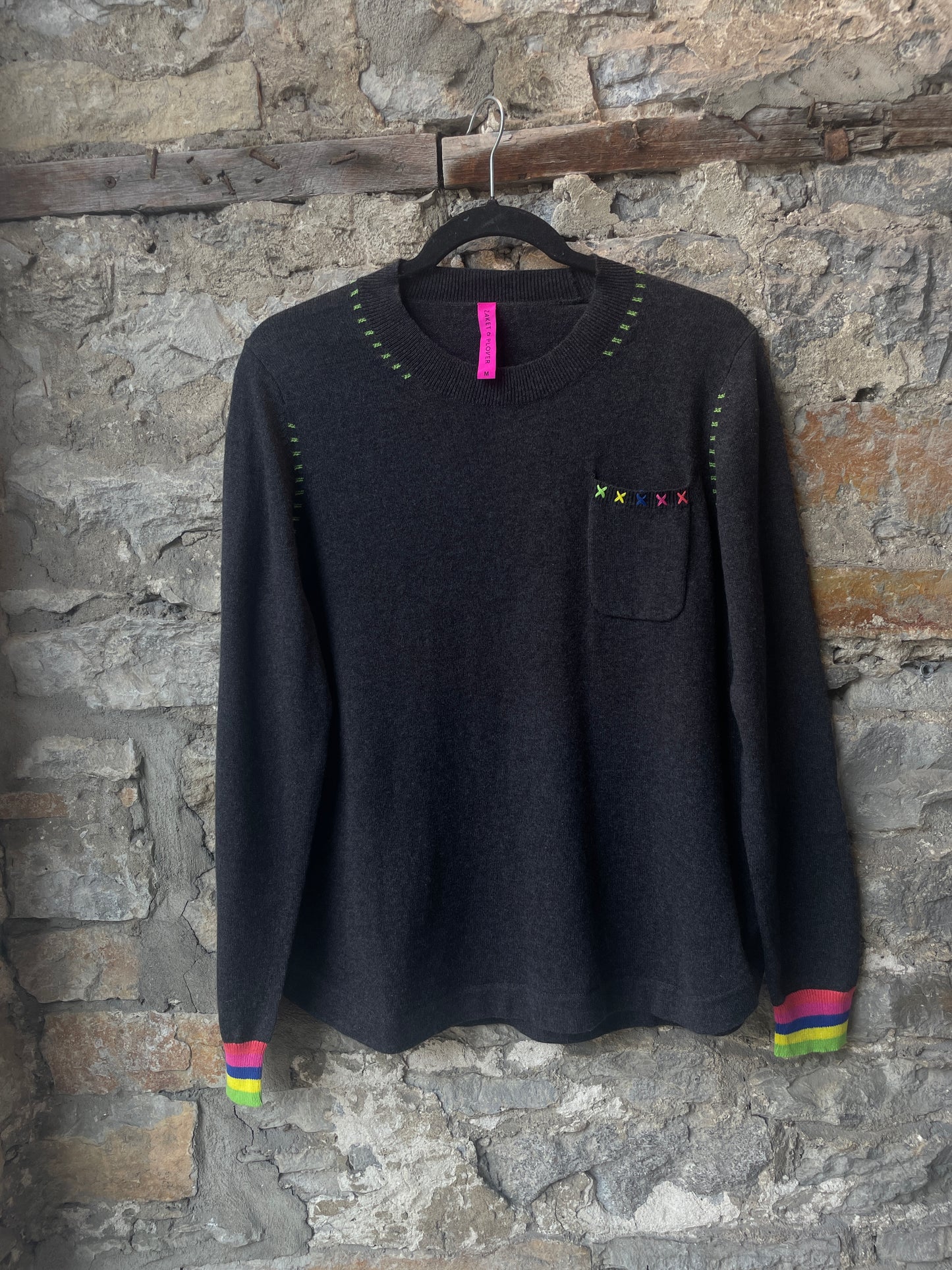 Cotton Crew Neck Grey Sweater with Bright Colour Detail Stitching