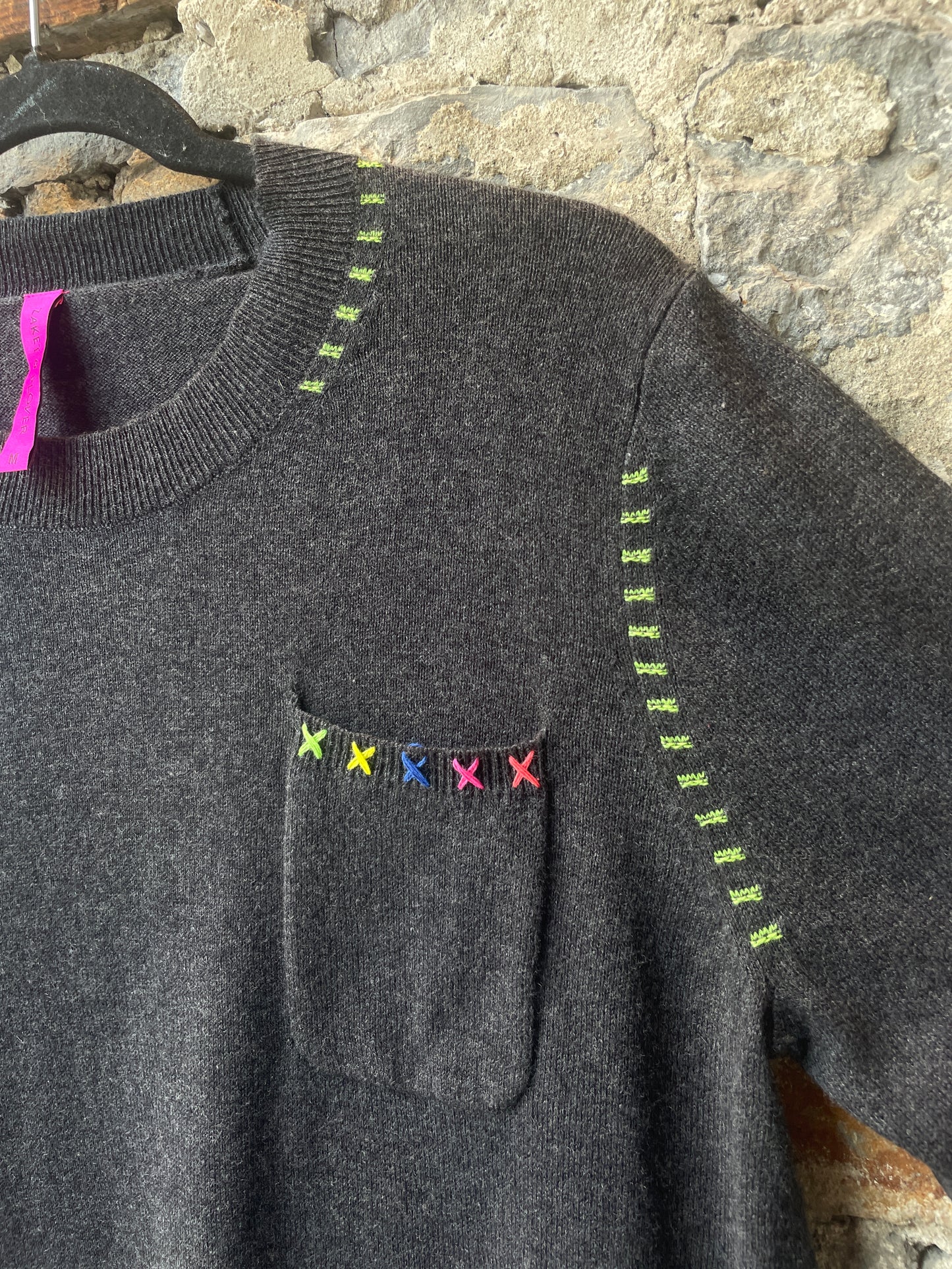 Cotton Crew Neck Grey Sweater with Bright Colour Detail Stitching