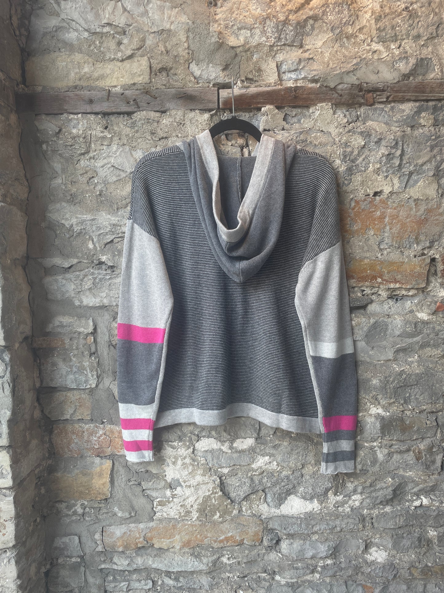 Cotton Knit Hoody Sweater - Grey, Black and Pink