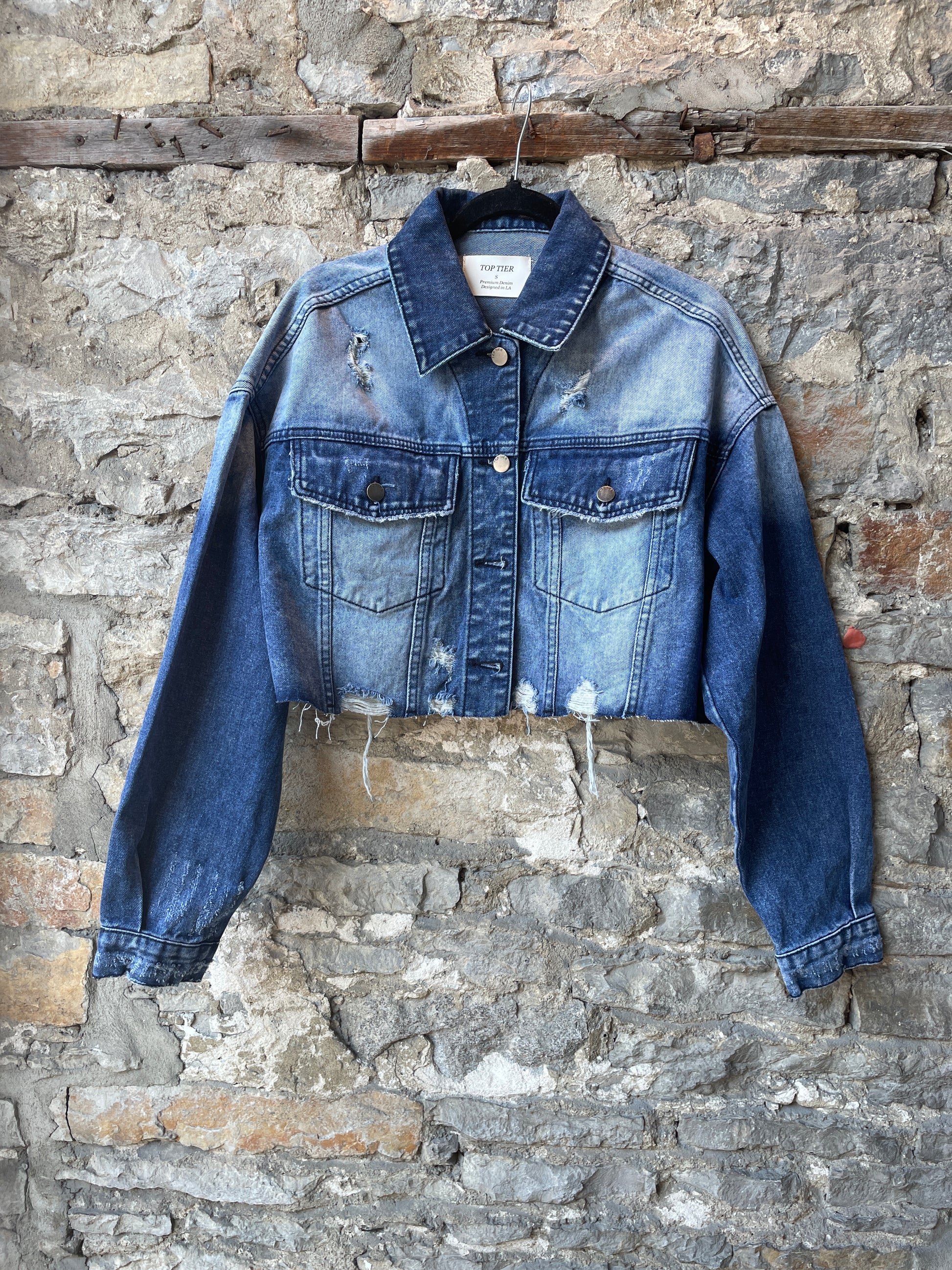 Cropped ombre Jean Jacket with distressed details