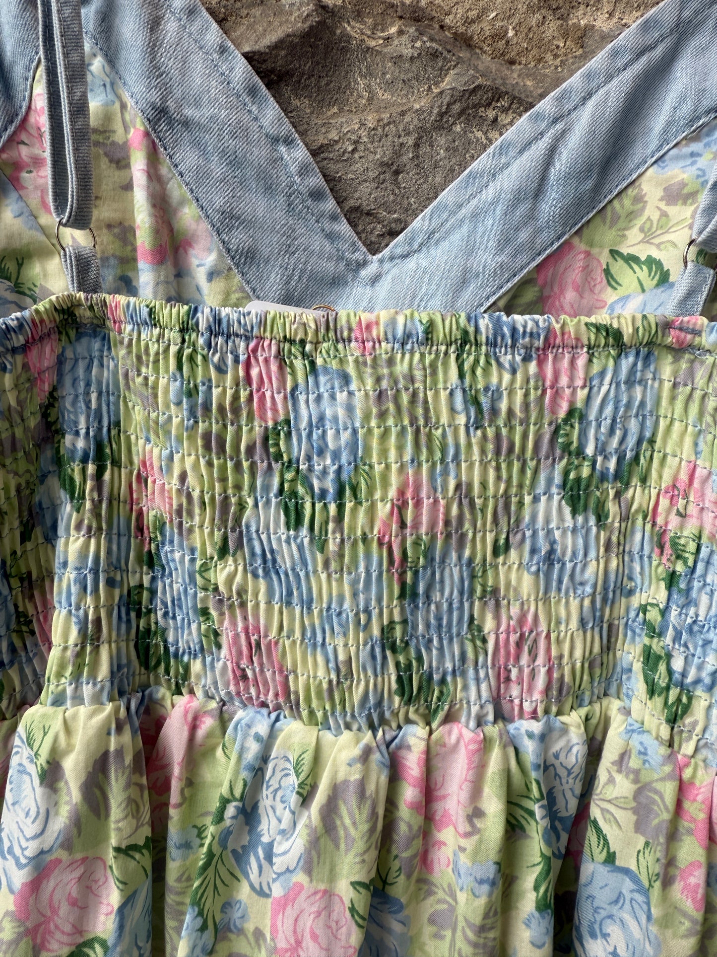 100% Cotton Floral Denim Flounce Maxi Dress- pink blue white green denim