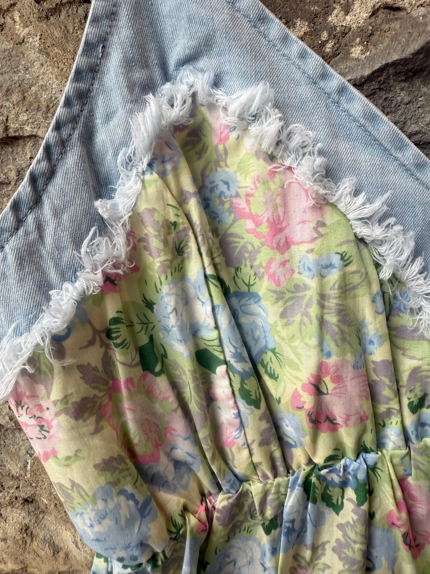 100% Cotton Floral Denim Flounce Maxi Dress- pink blue white green denim