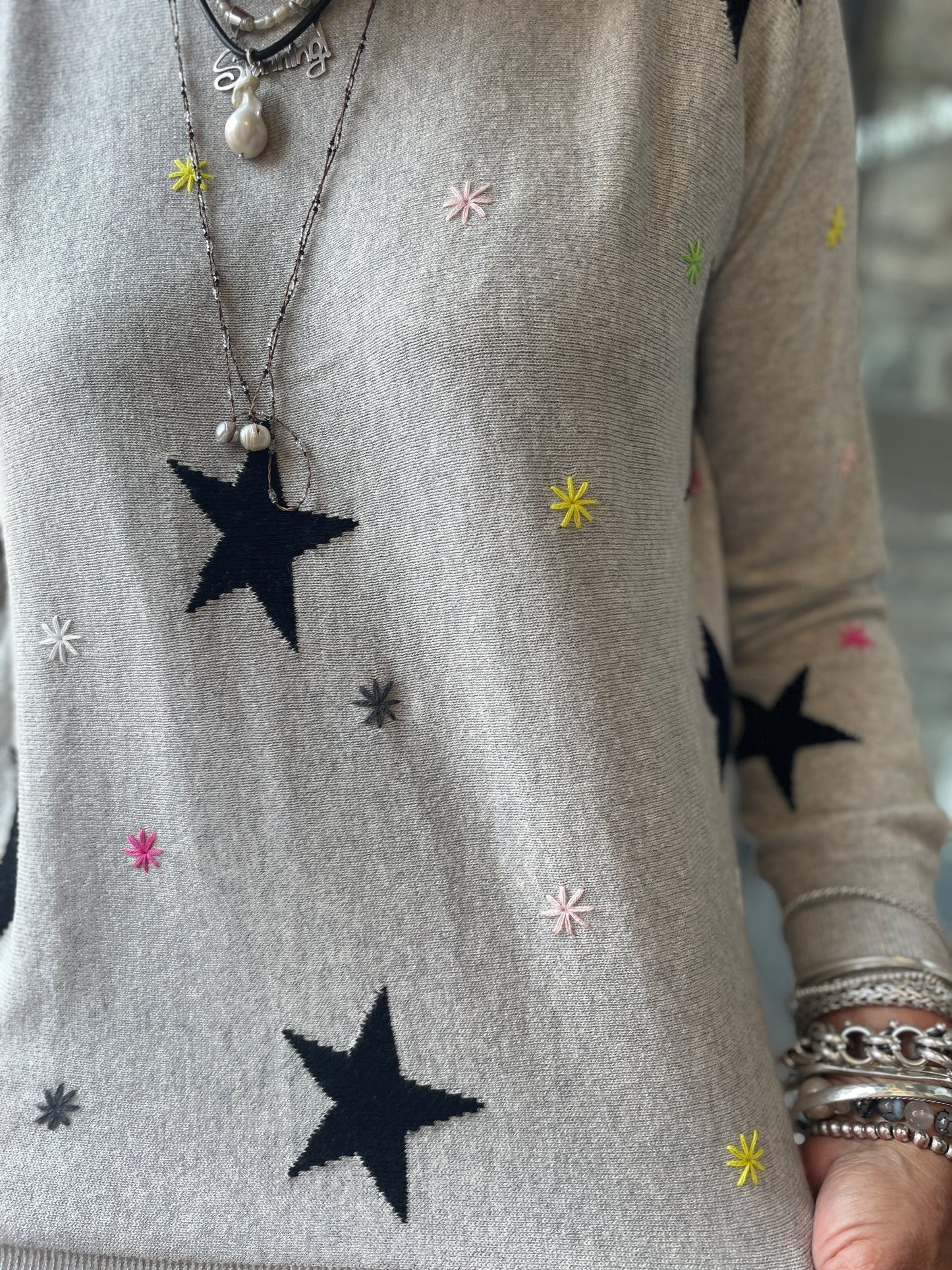 Cotton Knit Crew Neck with Star Moon detail - Grey