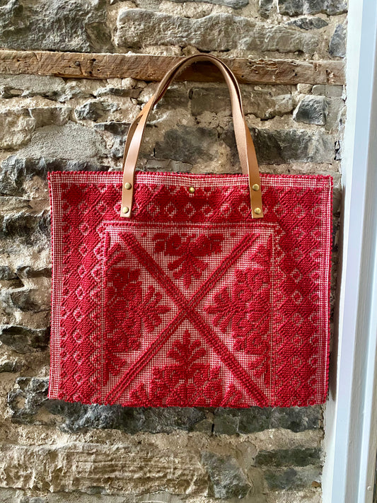 100% Cotton Woven Shoulder Tote with Leather Handle - RED