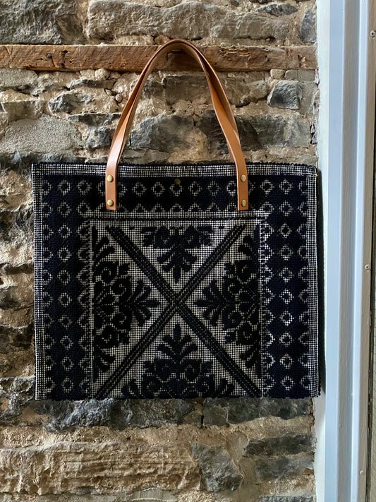 100% Cotton Woven Shoulder Tote with Leather Handle - BLACK
