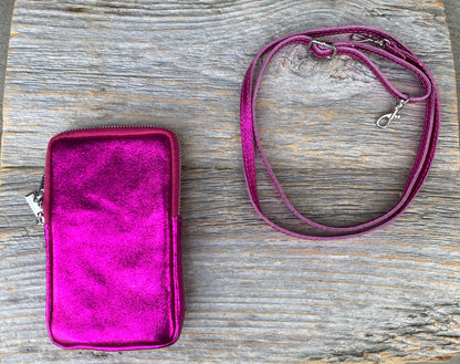 100% Metallic Leather Messenger Pouch - Pink, Orange and Black