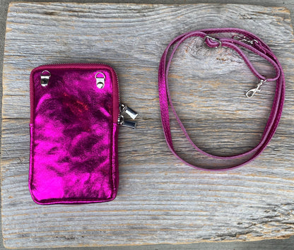 100% Metallic Leather Messenger Pouch - Pink, Orange and Black