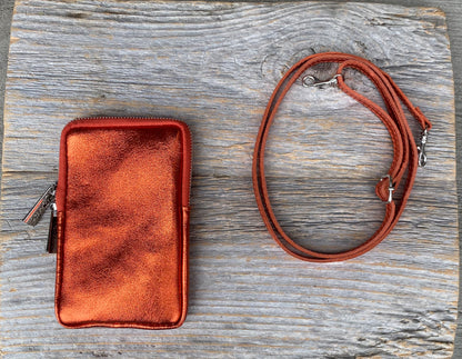 100% Metallic Leather Messenger Pouch - Pink, Orange and Black