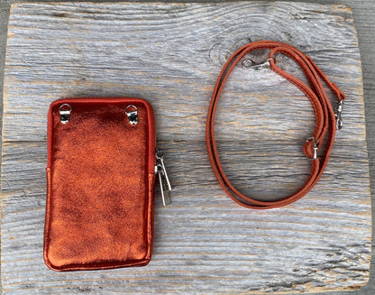 100% Metallic Leather Messenger Pouch - Pink, Orange and Black