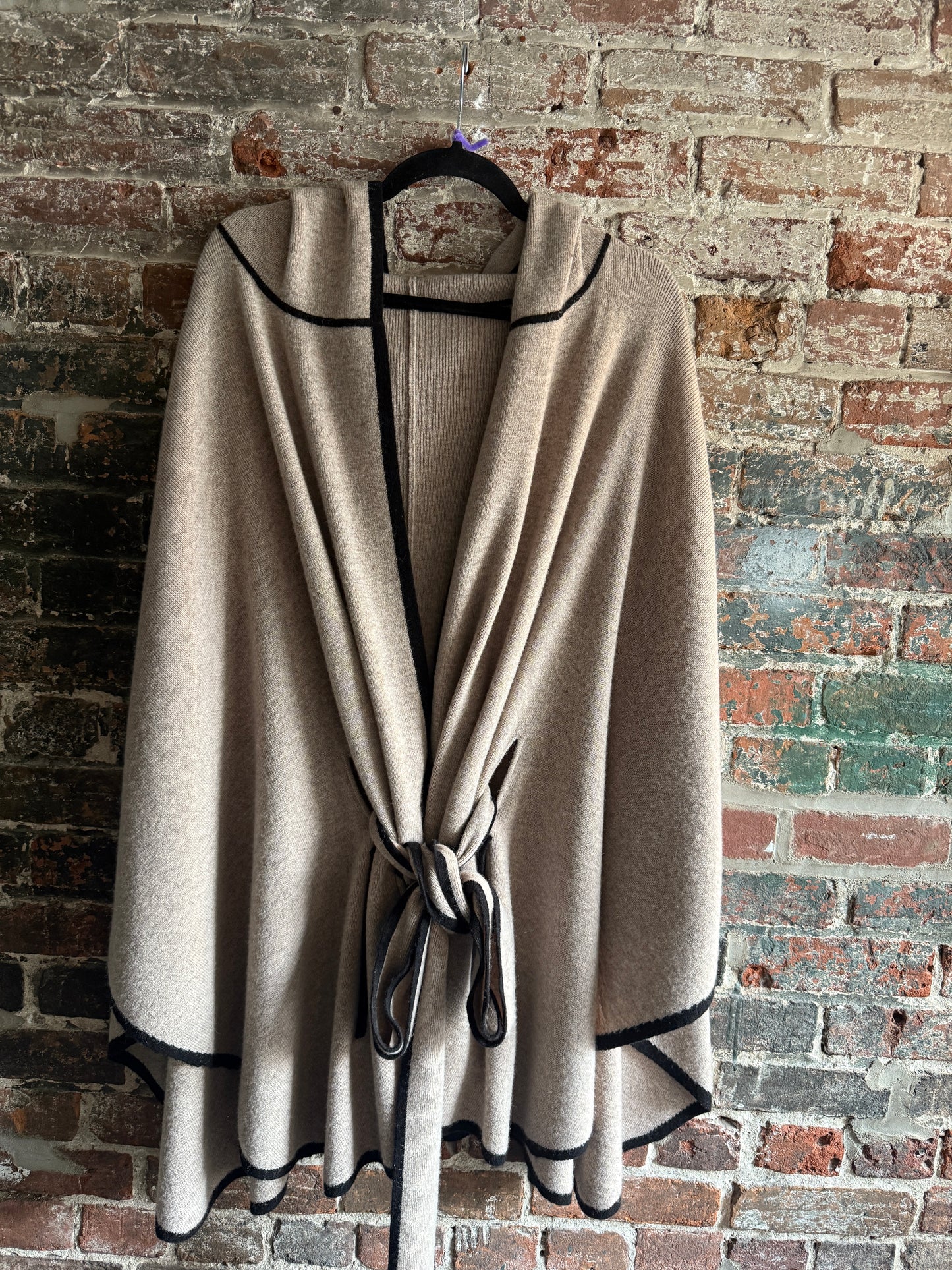 Cashmere Knit Cardigan Poncho - Oatmeal with Black Trim