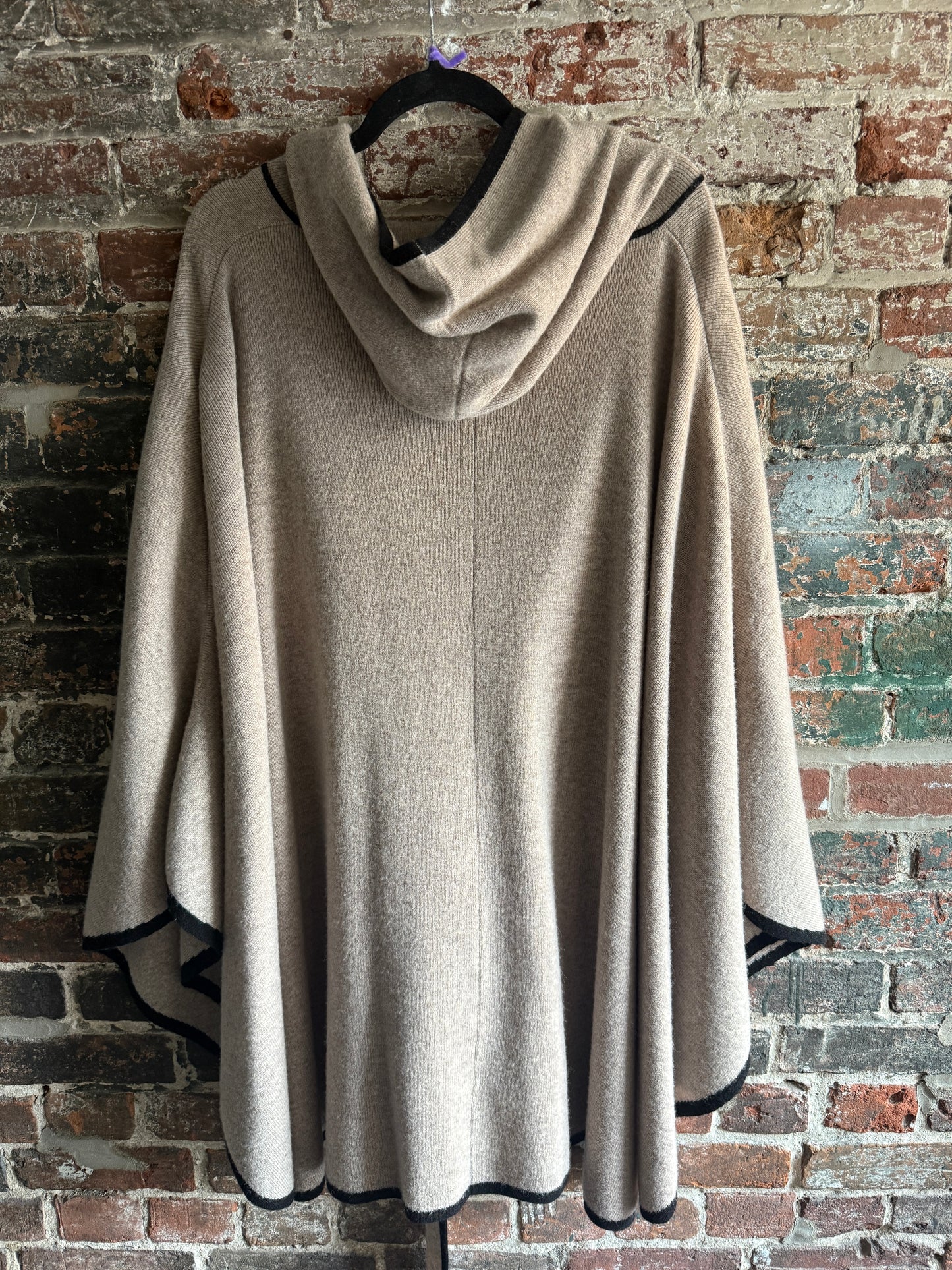Cashmere Knit Cardigan Poncho - Oatmeal with Black Trim