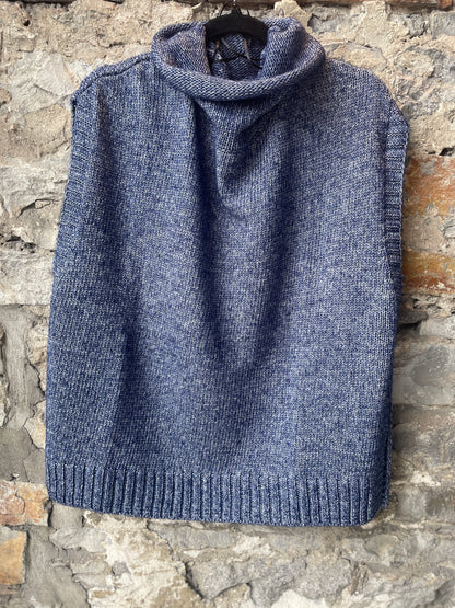 Cotton Blue and White Knit Roll Neck Sleeveless Sweater