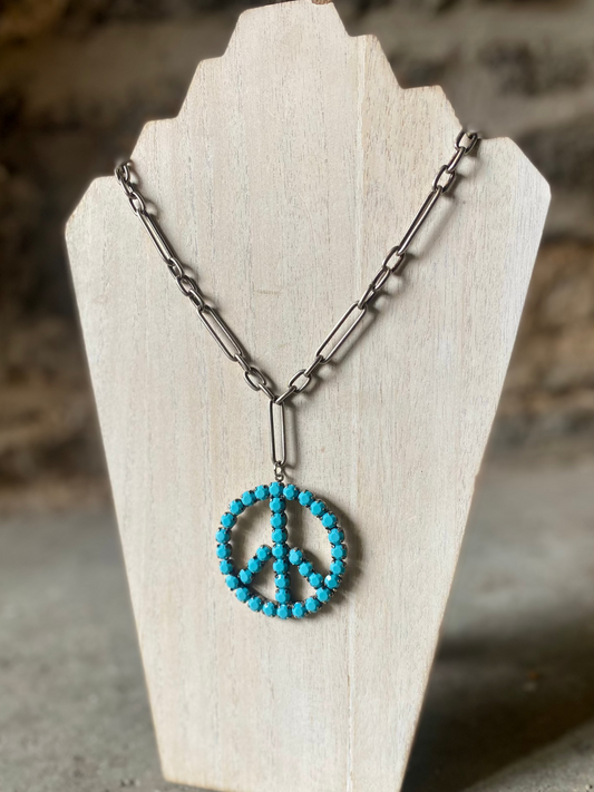 20" Silver Plated Peace Necklace with Turquoise Crystals