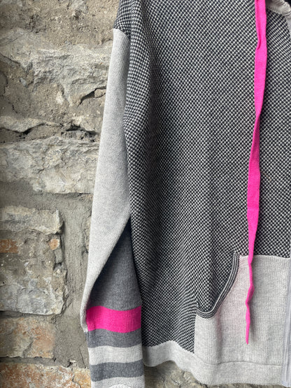 Cotton Knit Hoody Sweater - Grey, Black and Pink