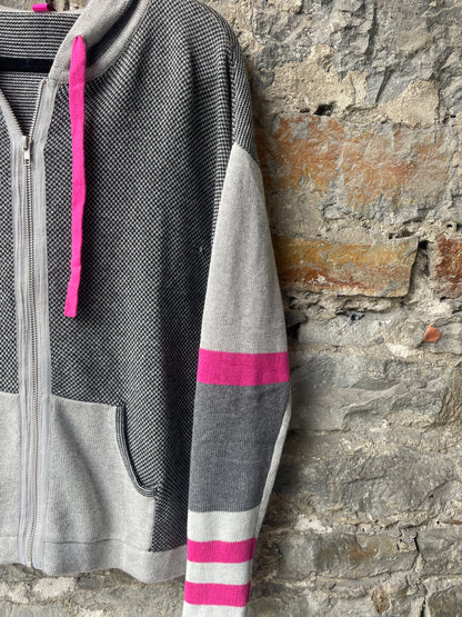 Cotton Knit Hoody Sweater - Grey, Black and Pink