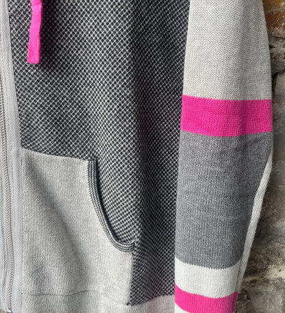 Cotton Knit Hoody Sweater - Grey, Black and Pink