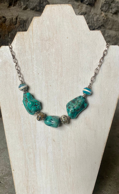 22" Sterling Silver Raw Turquoise Necklace with Oaxaca beads and Pearl Drop