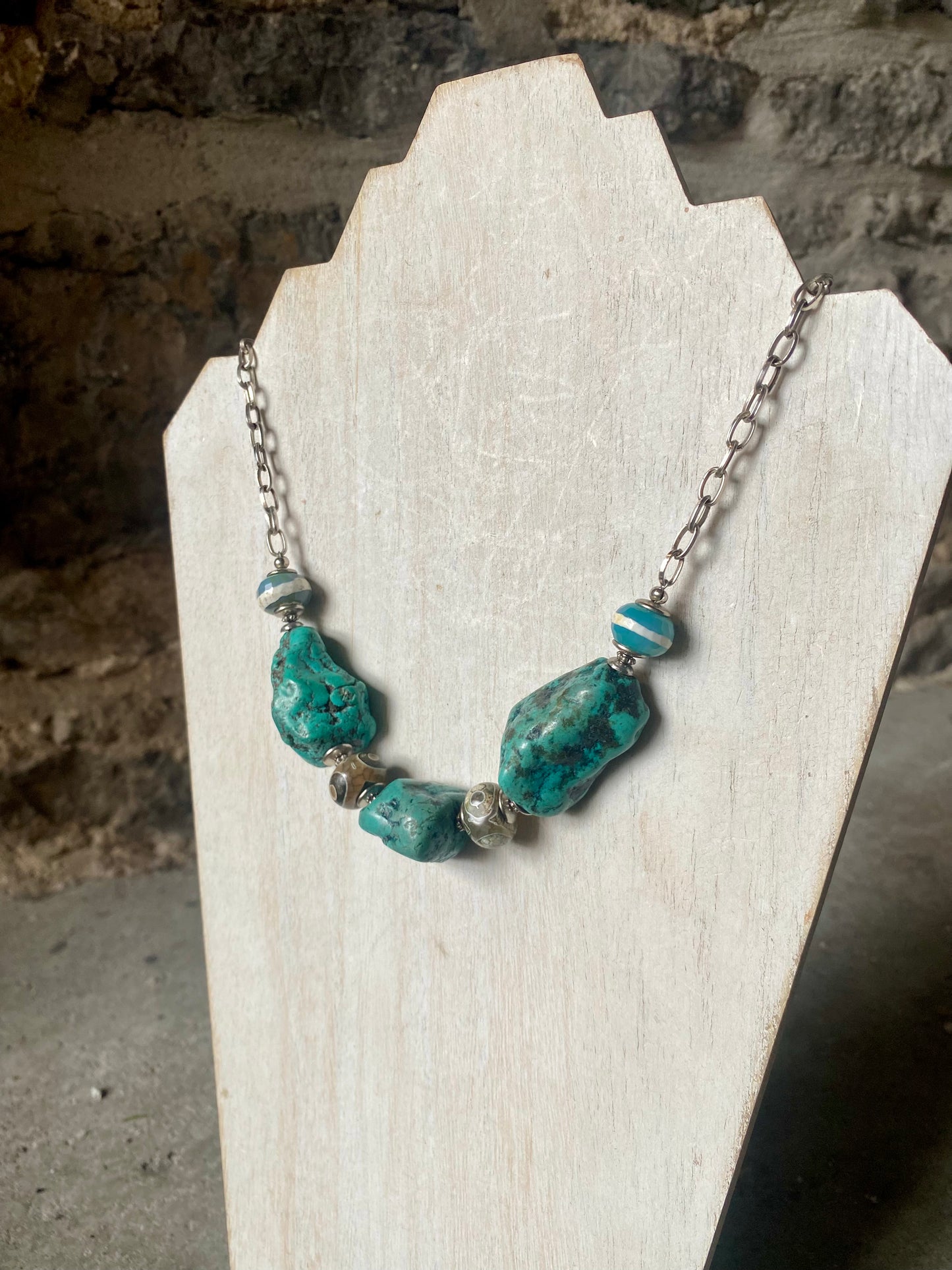 22" Sterling Silver Raw Turquoise Necklace with Oaxaca beads and Pearl Drop