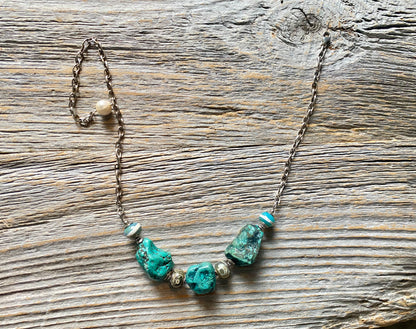 22" Sterling Silver Raw Turquoise Necklace with Oaxaca beads and Pearl Drop