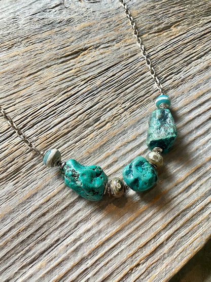 22" Sterling Silver Raw Turquoise Necklace with Oaxaca beads and Pearl Drop