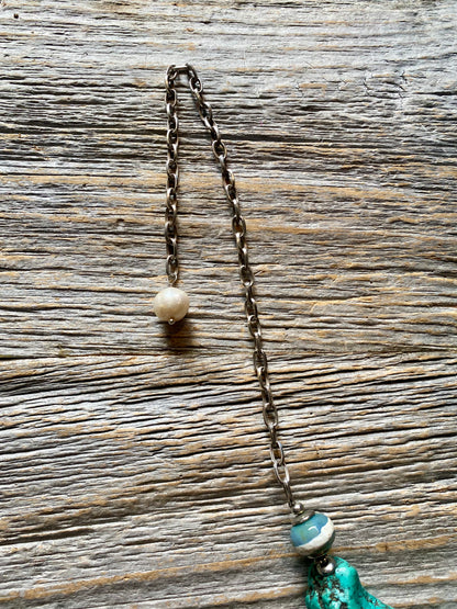 22" Sterling Silver Raw Turquoise Necklace with Oaxaca beads and Pearl Drop