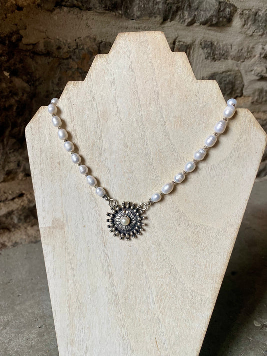 16" Freshwater Pearl Necklace With Oxidized Sterling Silver & Pearl Pendant