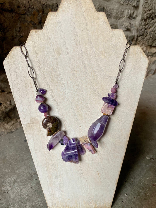 22" Amethyst, Pink Tourmaline, Charoite, Pearl & Pink Opal Necklace on Vintage Gunmetal Chain