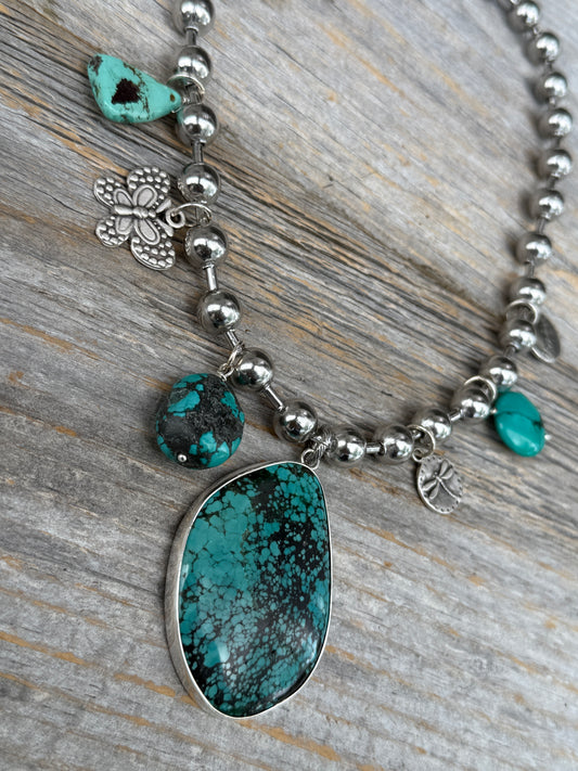 18" Silver Necklace with Charms and Large Turquoise Pendant
