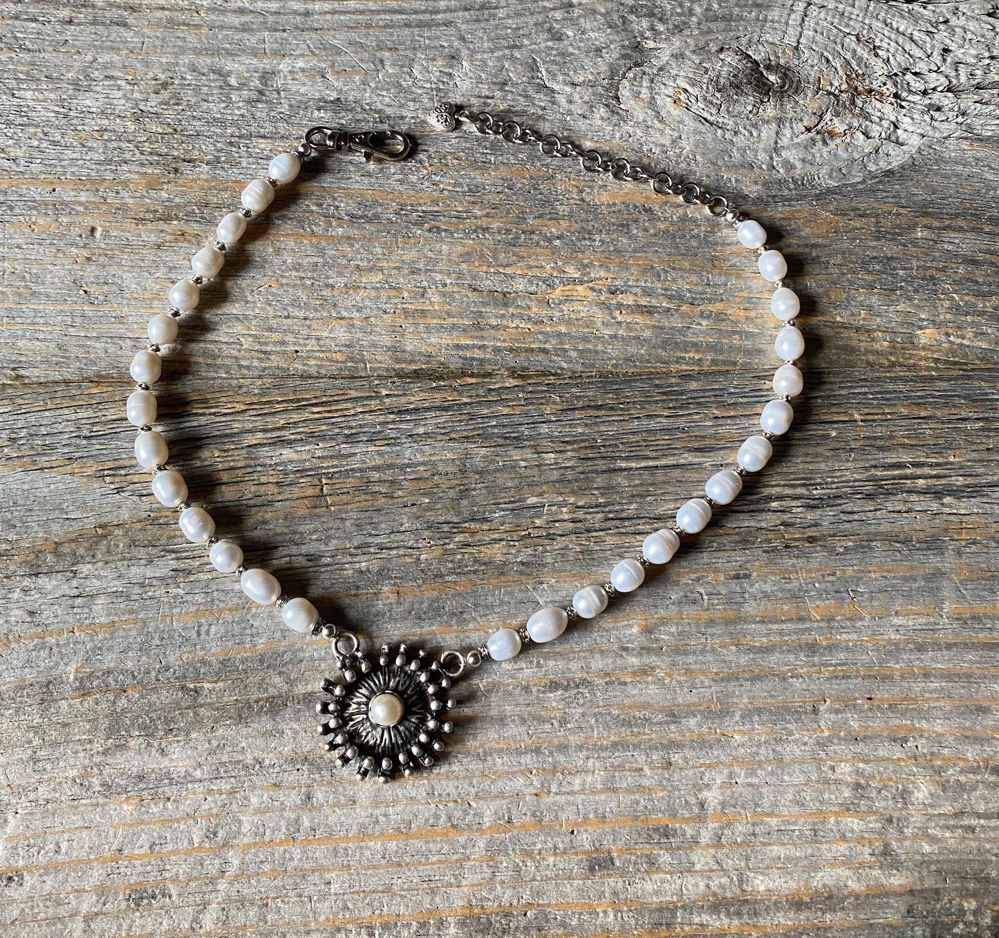 16" Freshwater Pearl Necklace With Oxidized Sterling Silver & Pearl Pendant