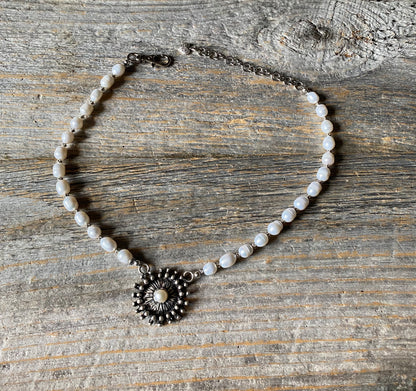 16" Freshwater Pearl Necklace With Oxidized Sterling Silver & Pearl Pendant