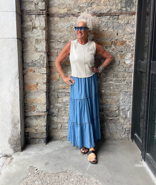 One Size Denim Peasant Maxi Skirt