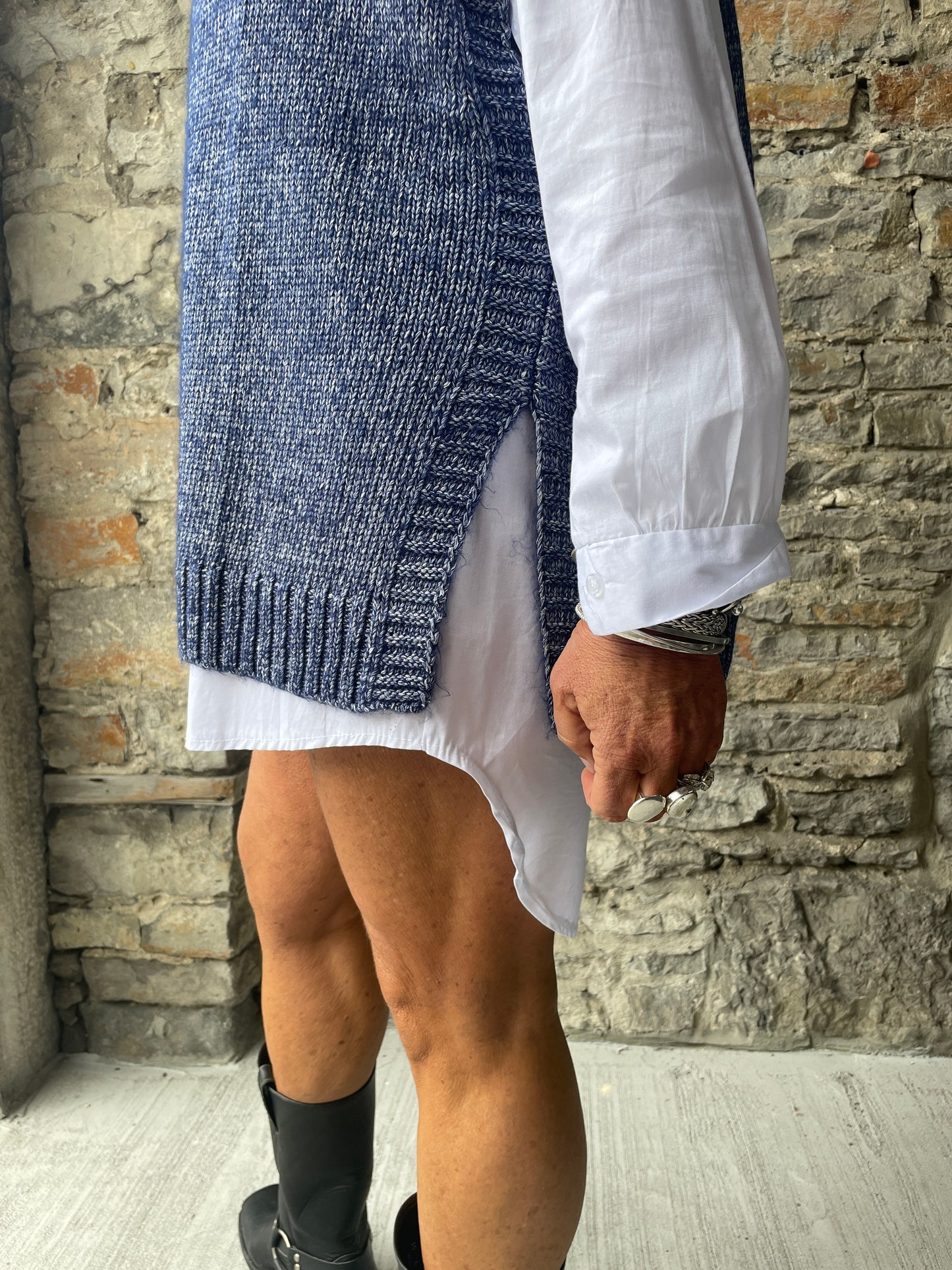 Cotton Blue and White Knit Roll Neck Sleeveless Sweater