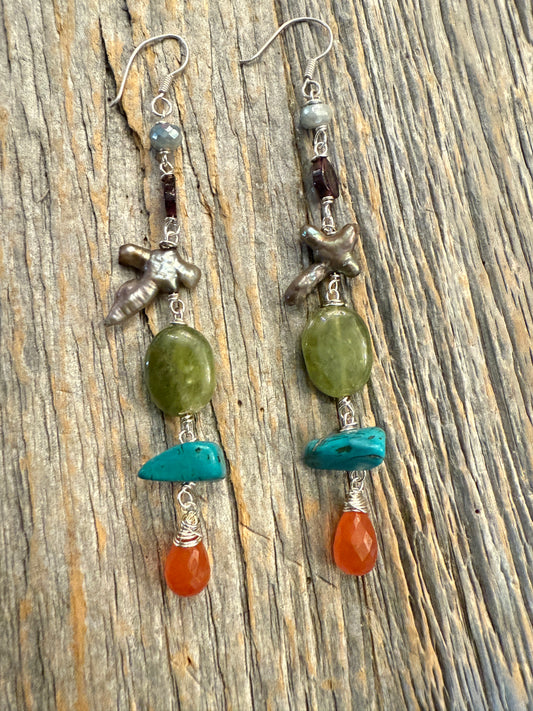One of a Kind Semi Precious Drop Silver Earrings