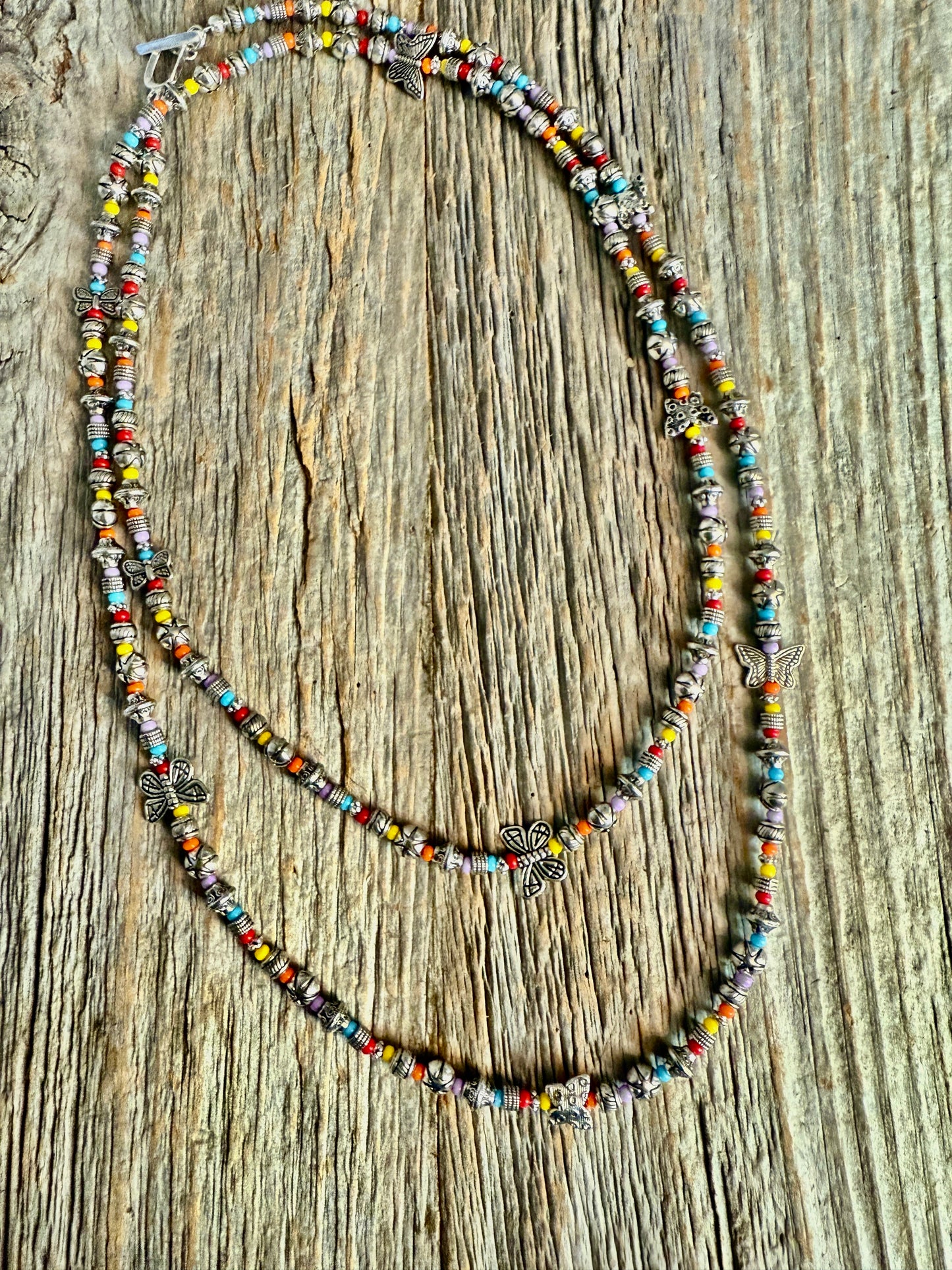 Handmade Long Versatile Multi Coloured Boho Beaded Lariat Necklace with Butterflies