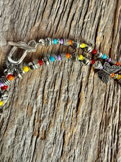 Handmade Long Versatile Multi Coloured Boho Beaded Lariat Necklace with Butterflies