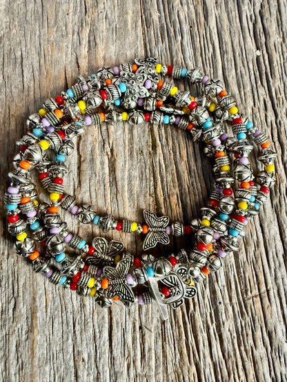 Handmade Long Versatile Multi Coloured Boho Beaded Lariat Necklace with Butterflies