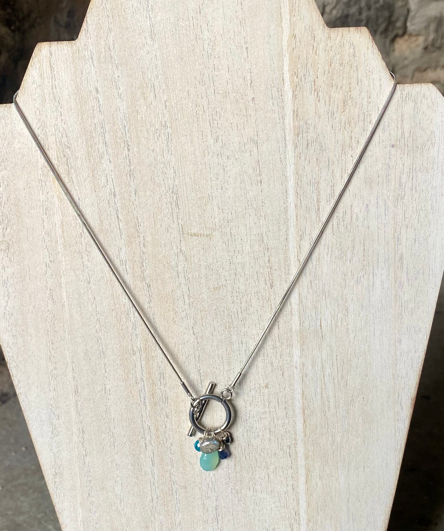 17" Stainless Steel Semi Precious Amethyst ,Chalcedony and Agate Necklace