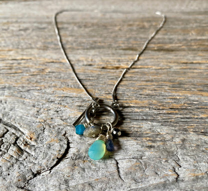 17" Stainless Steel Semi Precious Amethyst ,Chalcedony and Agate Necklace