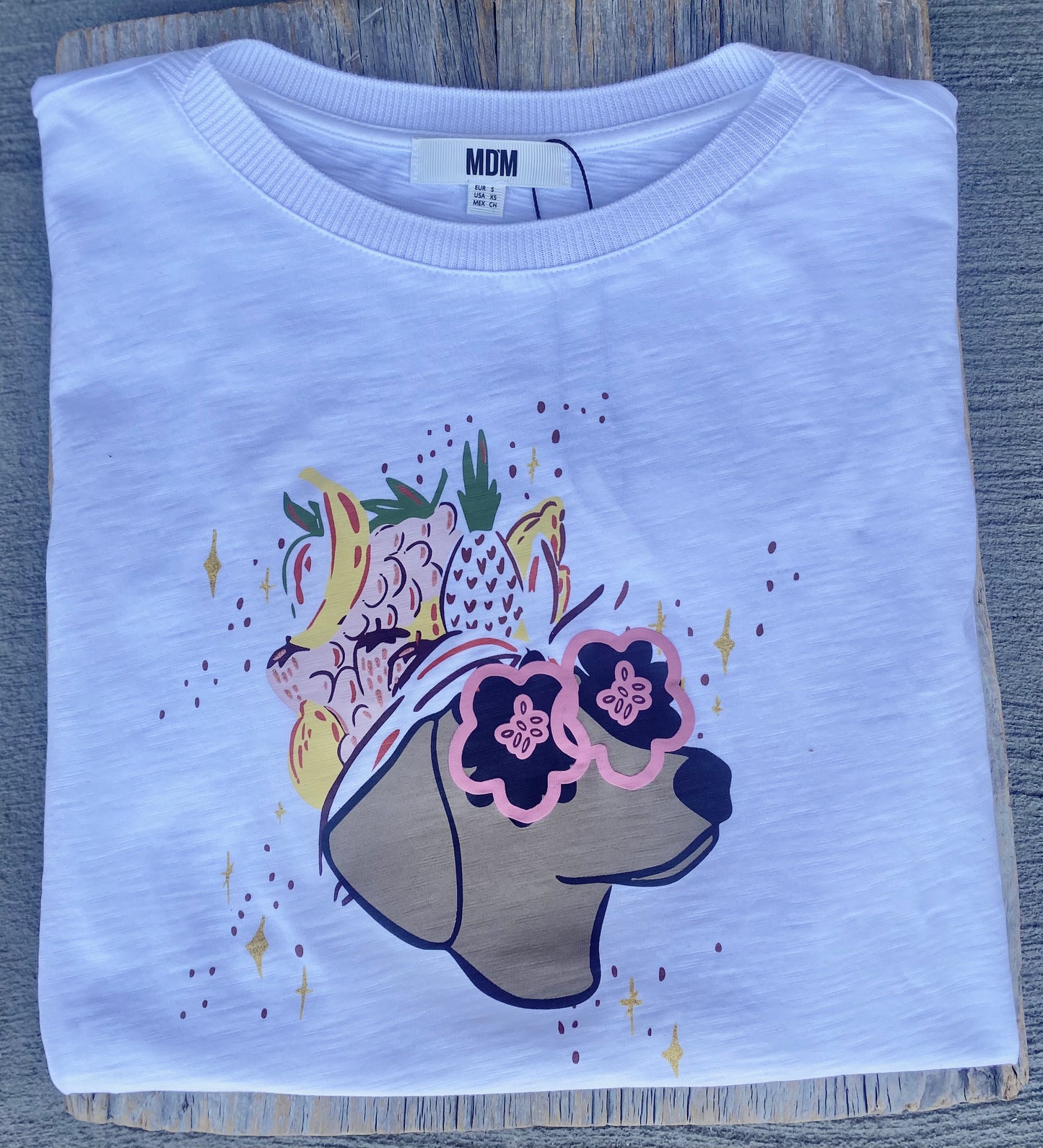 Daschund Print and Floral 100% Cotton Cap sleeve T-shirt - WHITE