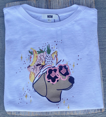 Daschund Print and Floral 100% Cotton Cap sleeve T-shirt - WHITE