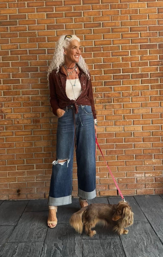 Wide Leg Cuffed Cropped Jeans with Distressing - INDIGO