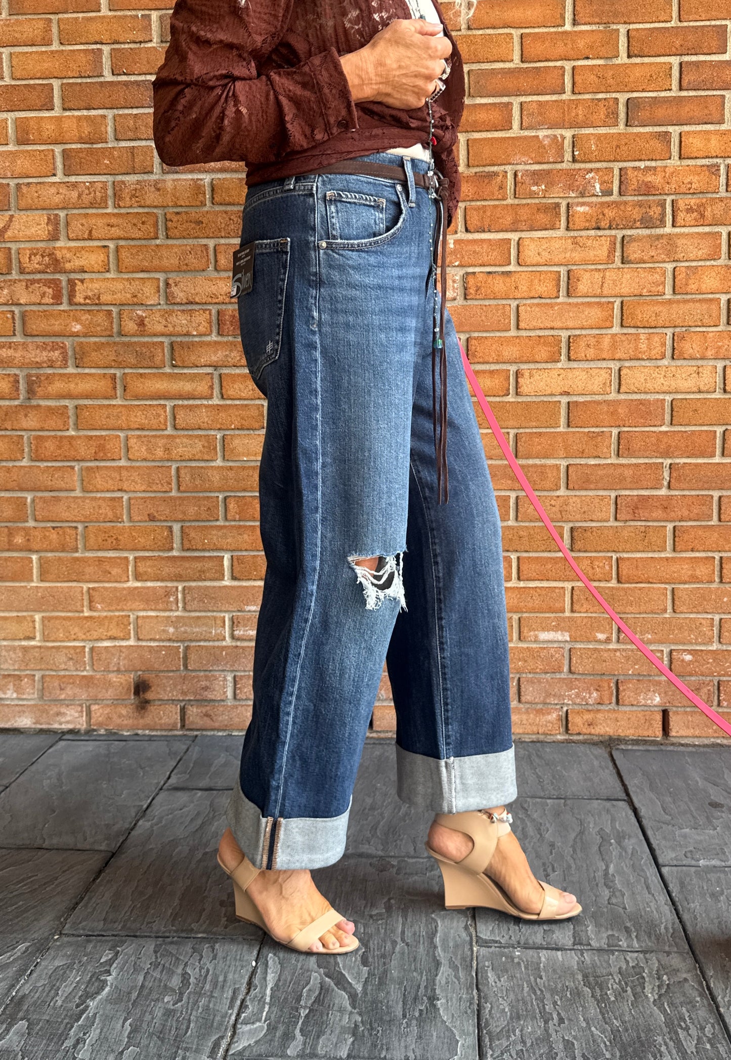 Wide Leg Cuffed Cropped Jeans with Distressing - INDIGO