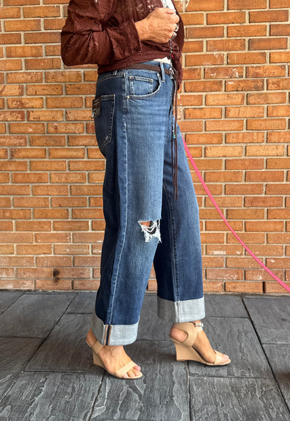 Wide Leg Cuffed Cropped Jeans with Distressing - INDIGO