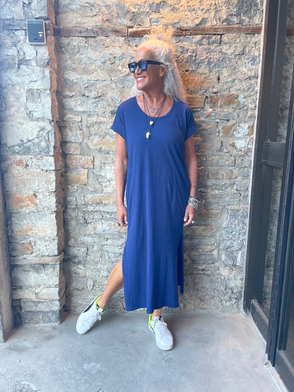 100% Cotton Relaxed Fit T Shirt Maxi Dress  - Navy
