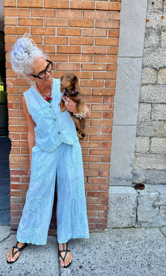 100% Cotton Boho Embroidery  Wide Leg Pant with Pockets and Lace Detail- Sky Blue