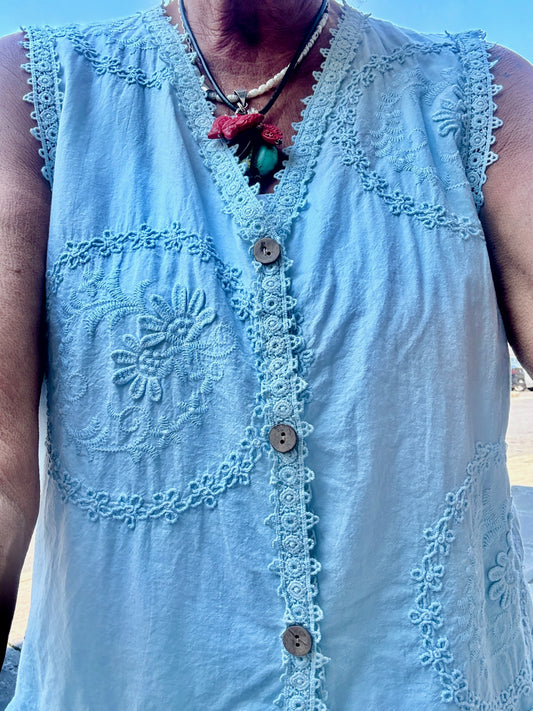 100% Cotton  Relaxed Fit Button Front Vest with Embroidery- SKY BLUE